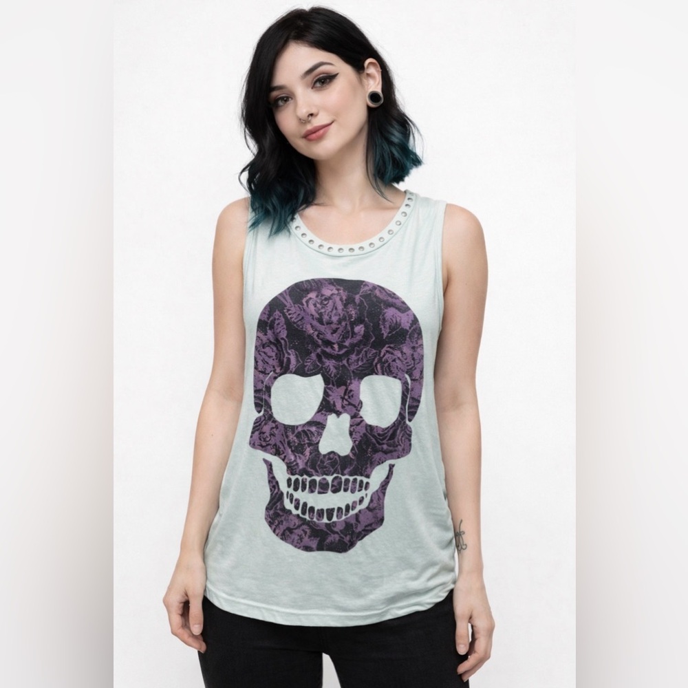 Skull Tank Top Mint Green XS Gypsy Warrior Vintage [Discontinued] Studded Roses